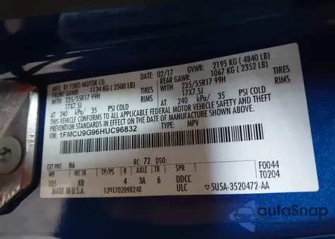 2017 Ford Escape Se z USA, uszkodzony, nr VIN 1FMCU9G96HUC96832